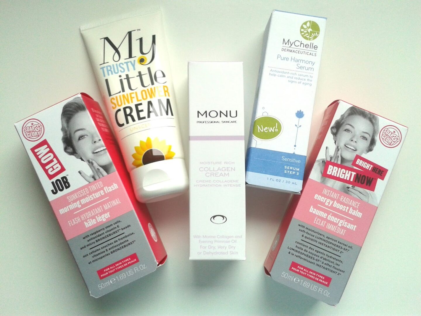 Soap & Glory Glow Job Bright Here Bright Now Monu Collagen Cream My Trusty Little Sunflower Cream Mychelle Pure Harmony Serum Skincare Review Recent Discoveries