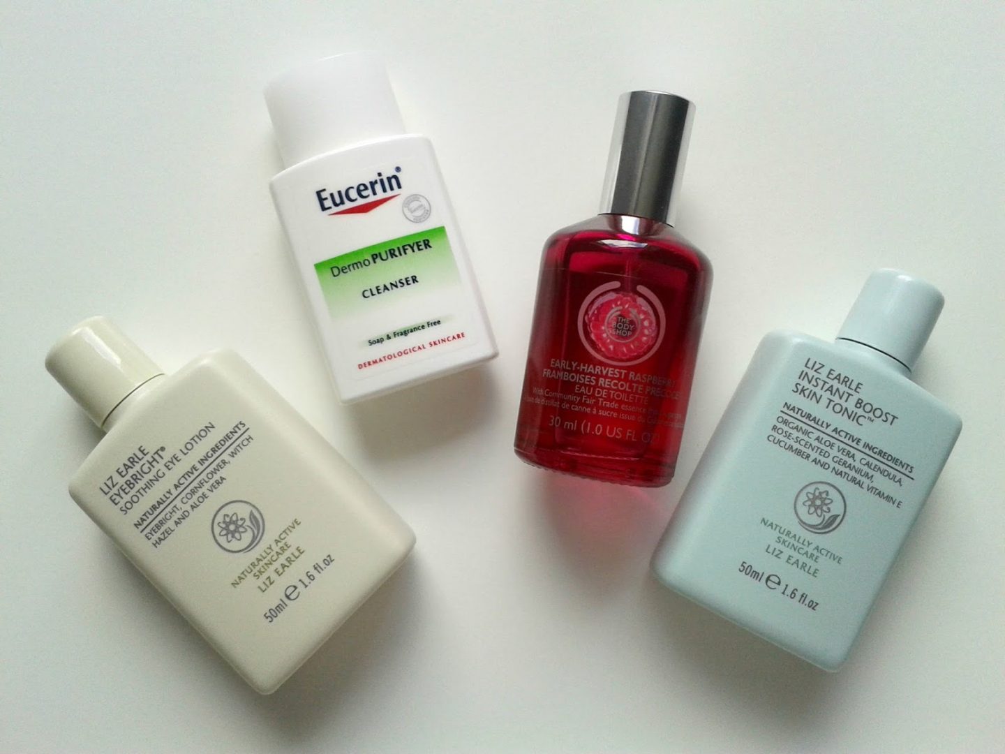 Liz Earle Eyebright™ Soothing Eye Lotion The Body Shop Raspberry EDT Eucerin DermoPURIFYER Cleanser Liz Earle Instant Boost™ Skin Tonic Beauty Review