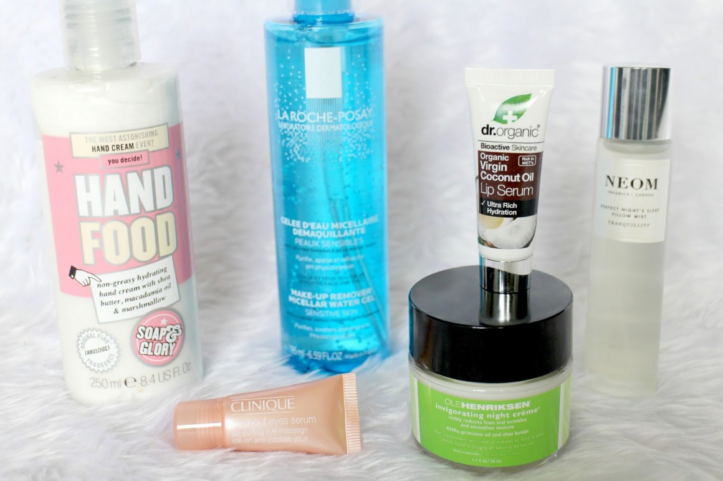 Ole Henriksen Invigorating Night Creme Soap & Glory Hand Food La Roche-Posay Make-Up Remover Micellar Water Gel Dr Organic Virgin Coconut Lip Serum Clinique All About Eyes Serum Neom Perfect Night's Sleep Pillow Mist