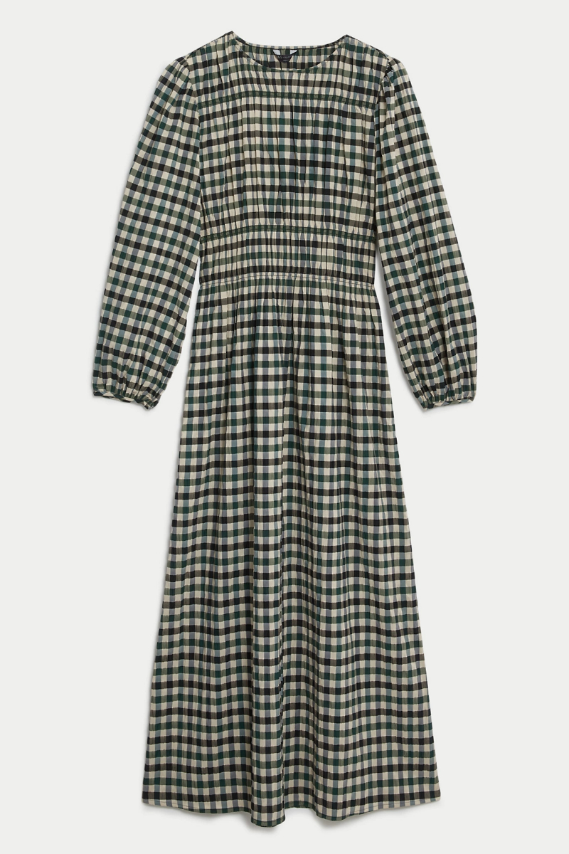 Marks & Spencer Cotton Blend Checked Midaxi Waisted Dress