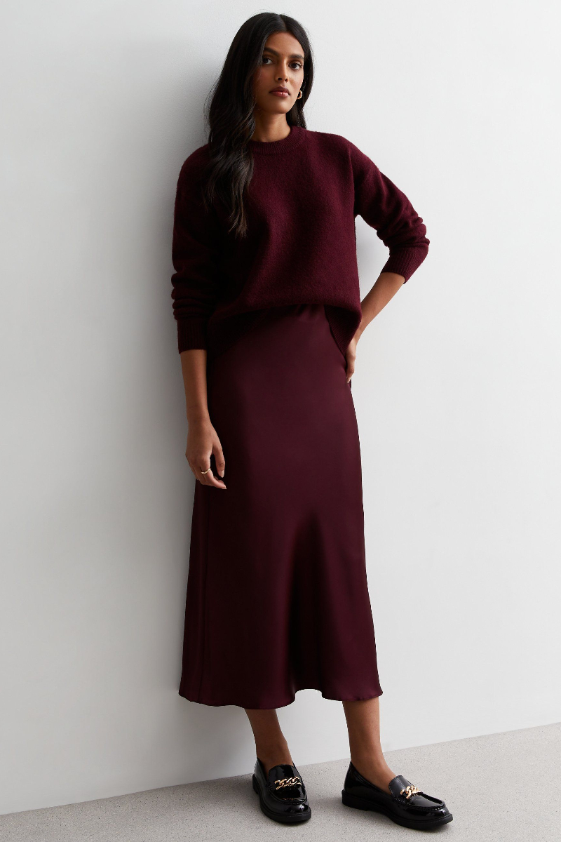 new look burgundy satin bias cut midaxi skirt